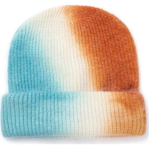 Xthree New Womens Winter Hat Beanie tie-dyed Colorful Knitted Hat Rabbit Fur Skullies Warm Bonnet Cap Female Hats for Girl Hat