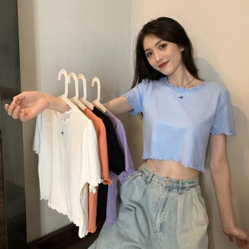Woman TShirts Crop Top Summer Knitted Top Clothes Short Sleeve T-shirt for Women Mujer Camisetas