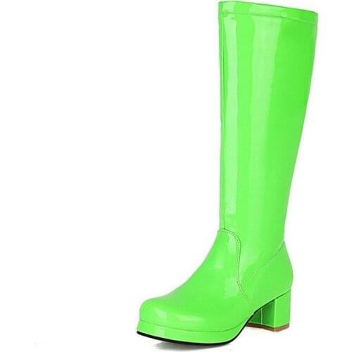 Green Black White Women Knee High Boots Patent PU Leather Square Heel Ladies Boots Plush Warm Women Winter Boots Big Size 34-43
