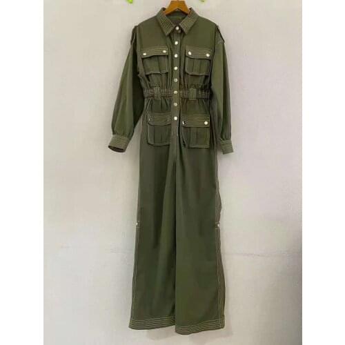 High Quality New Long Jumpsuit 2021 Autumn Winter Style Women Turn-down Collar Color Block Stitching Long Sleeve Casual Jumpsuit