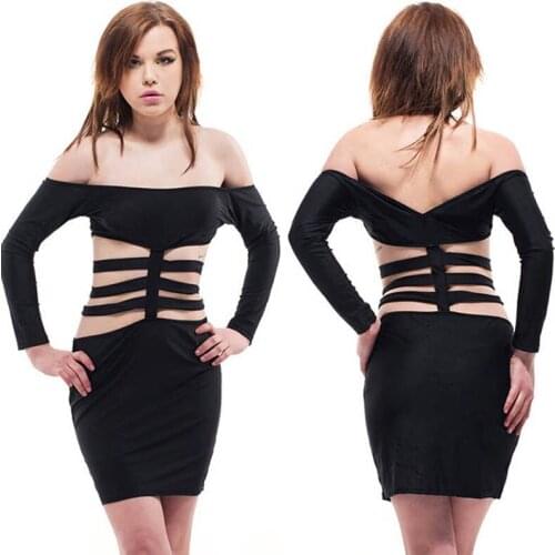 Women Black Bandage Dress Bodycon 2019 New Arrivals Sexy Cut Out Slash Neck Long Sleeve Hollow Out Backless Party Mini Dress