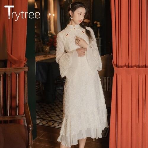 Trytree 2021 Spring Summer Womens Dress Casual Solid Butterfly Sleeve A-line Ruffled Hem Mid-calf Chinese Style Cheongsam Dress