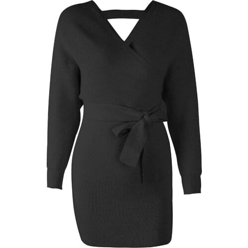 Womens Winter Warm Sweater Dress Long Sleeve V-neck Sexy Pack hip Knitted Dresses Ladies Fashion Business Work Office Dress