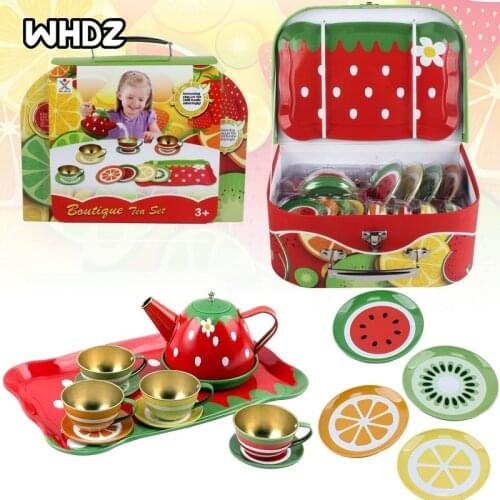 1set Kids Fruit Themed Tin Tea Party Toy Set - Metal Teapot and Cups for Childrens Kitchen Pretend Play