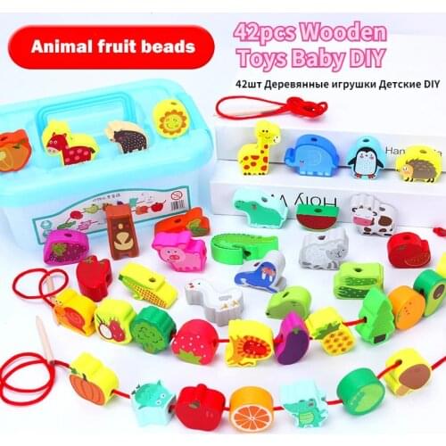 42pcs Wooden Toys Baby DIY Toy Cartoon Fruit Animal Stringing Threading Wooden beads Toy Monterssori Educational for Kids