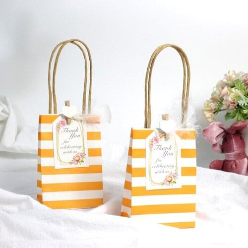 AVEBIEN 50 pcs Orange Dot Stripe Wedding Birthday Party Candy Gift Bags Heart-shaped Feather Blessing Label Paper Portable Bags