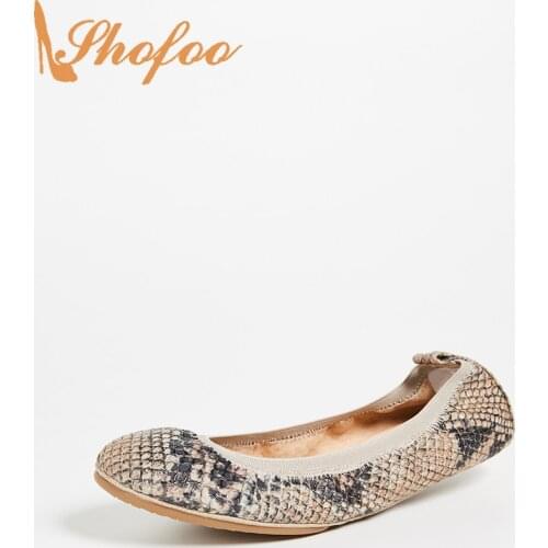 Beige Snake Embossed Ballet Flats Woman Round Toe Shoes Elastic Large Size 13 16 For Ladies Fashion Casual Party Mature Shofoo