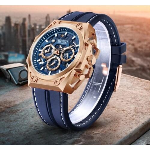 MEGIR Blue Silicone Sports Watches Men Waterproof Chronograph Army Military Quartz Wrist Watch Man Clock Hour Relogio Masculino