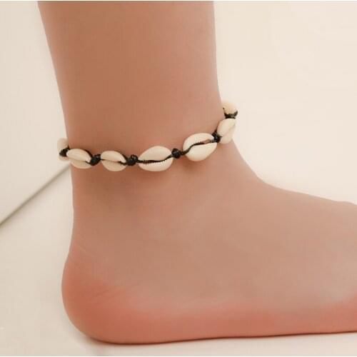 Natural Shells Beige Black Woven Rope Beads Foot Ankle Bracelets Anklets for Women & Men