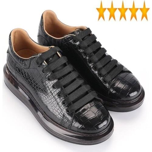 Genuine Luxury Skin Mens Crocodile Leather Business Casual Round Toe Platform Shoes Lace Up Male Joggers Trainers Sneakers