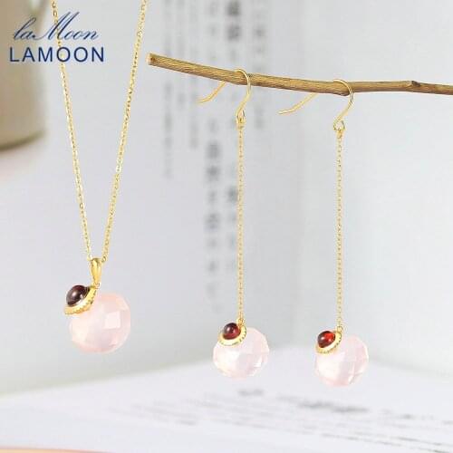 LAMOON 925 Silver Jewelry Set For Women Crystal Ball Natural Big Rose Quartz Garnet Gemstone 14K Gold Plated Fine Jewelry V091