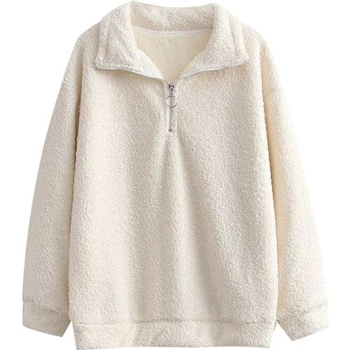 MESTTRAF Women 2021 Fashion Faux Lamb Fur Plus Velvet Loose Coat Retro Long-Sleeved Zipper Decorative Pullover Jacket Streetwear