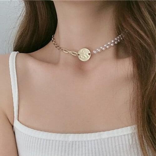 Imitation Pearls Double Chains Necklace for Women Coin Pendant Necklaces Female Clavicle Chain Short 2021 Fashion Jewelry New