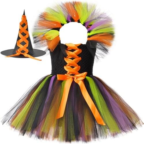Girls Witch Tutu Dress for Kids Halloween Carnival Party Cosplay Costume Fancy Girls Tulle Ball Gown Dresses Children Clothing