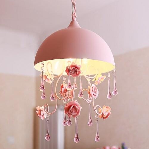 Semi-circular pendant lights pink countryside pastoral style ceramic rose flower stairs princess bedroom pendant lamp ZA FG468
