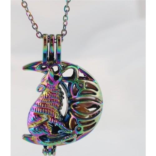 Rainbow Wolf Moon Beads Cage Pendant Perfume Diffuser Aromatherapy Pearl Cage Locket Necklace R-C1165