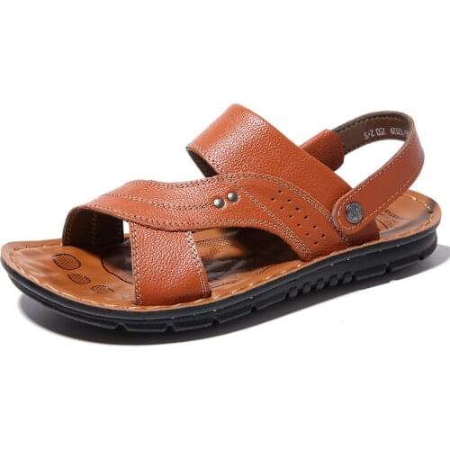 Men Genuine Leather Sandals Summer Open-Toe Fashion Trend Beach Shoes Absorb Sweat Casual Comfortable Barefoot Slippers Big Size