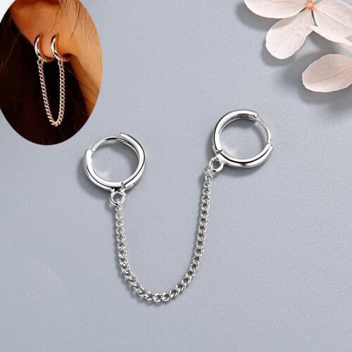 Womens New Fashion Double Ear Hole Piercing Hoop Earrings Smooth Simple Hoops Chain Connected Shiny Charming Earring Jewelry