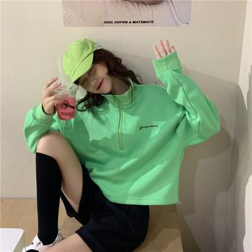 Harajuku style loose solid color drop shoulder sleeve POLO collar zipper sweatshirt 2020 autumn fashion top