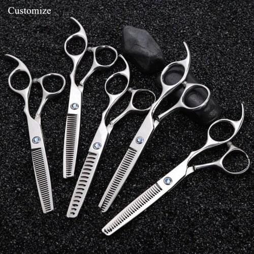 Customize logo japan 440c 6 inch Curved teeth hair salon scissors barber makas 15-60% Thinning rate shears hairdressing scissors