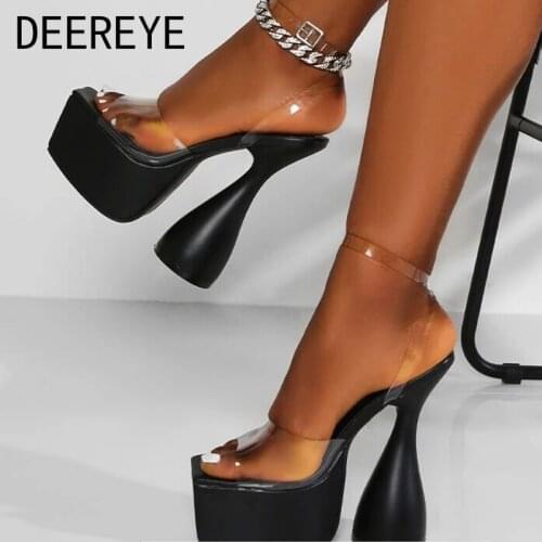 Patent Leather Women Sandals 2021 With Strange Super Heels High 17CM Fish Mouth Transparent PVC Ankle Strap Shoes On Platform