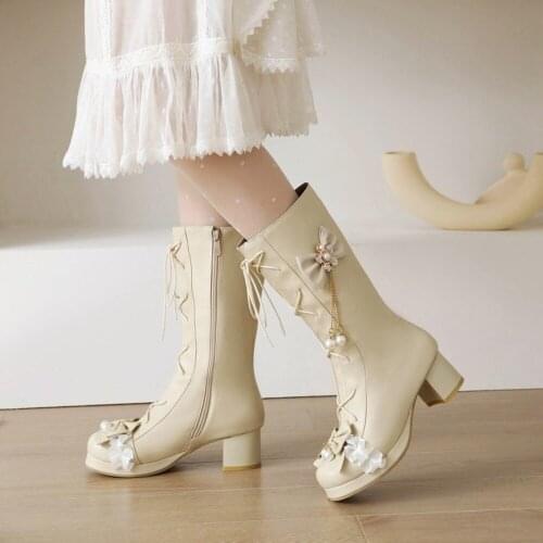 Womens Platform Mid Calf Boots Block Heel BowKnot Pearls Lolita Sweet Shoes Warm Winter Pink Beige Plus Size 46 47 48