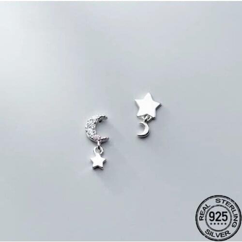 S925 Silver Earrings Star Moon For Women Zircon New Hot Sale Asymmetrical Design Korean Fashion Female Birthday Jewelry INEFFA