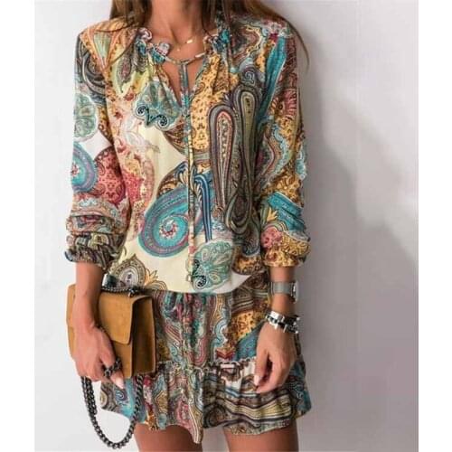 Vestidos 2021 Autumn Ethnic Vintage Female Short Dress V-neck Lace Up Nine Quarter Sleeve Ruffled Elegant A Line Women Dresses