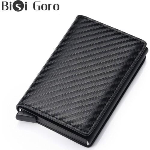 BISI GORO Antitheft Carbon Fiber Credit Card Holder Men Vintage Rfid Blocking Security Wallet PU Leather Aluminum Box Slim Purse