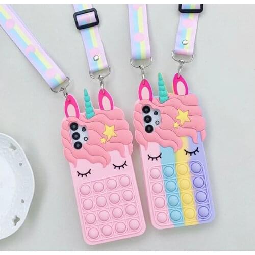Case For Samsung A32 A12 A71 A51 A01 A21 S10 S20 S21 Plus Note 20 3D Cartoon Pink Unicorn Reliver Stress Toys Case Cover + Rope