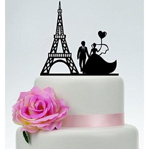 Black Acrylic Bride & Groom Silhouette Wedding Cake Topper with a Heart for Cake Decorating Wedding Decoration