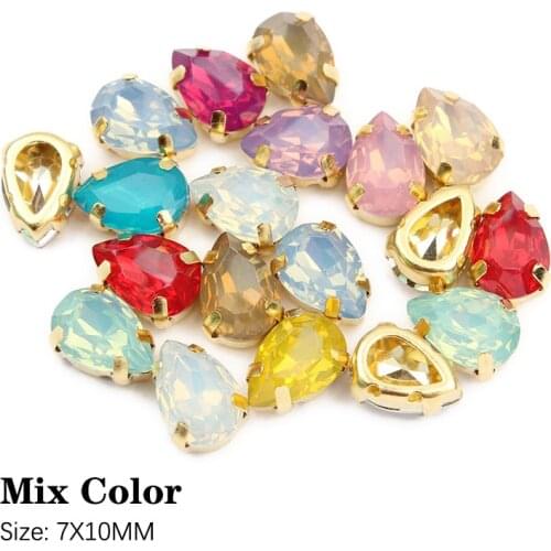 Hot sale 7X10mm 50Pcs Water drop Sew on Rhinestones White Opal color Gold claw Resin Stones For Garment DIY free shipping