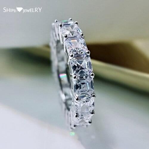 Shipei 100% 925 Sterling Silver Asscher Cut Created Moissanite Gemstone Wedding Band Ring Unisex Couple Ring Fine Jewelry Gifts