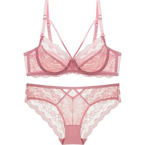 Classic Pink Bra Panties Set Lingerie Push Up Brassiere Lace Transparent Bralette Underwear Set Sexy For Women underwear