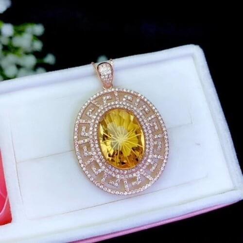 Big size yellow citrine pendant for necklace women silver fine jewelry bright yellow color 925 sterling silver party gift oval