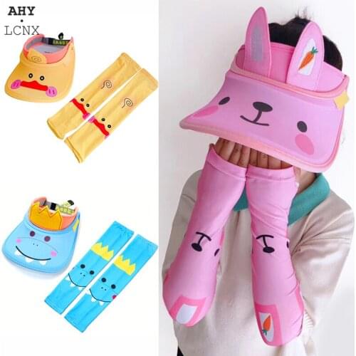 Summer Kids Sun Visor Girls Boys UV Protection Empty top Hat With Sleeves Baby Cartoon Cute Cap Children Panama Hat Sleeve Set