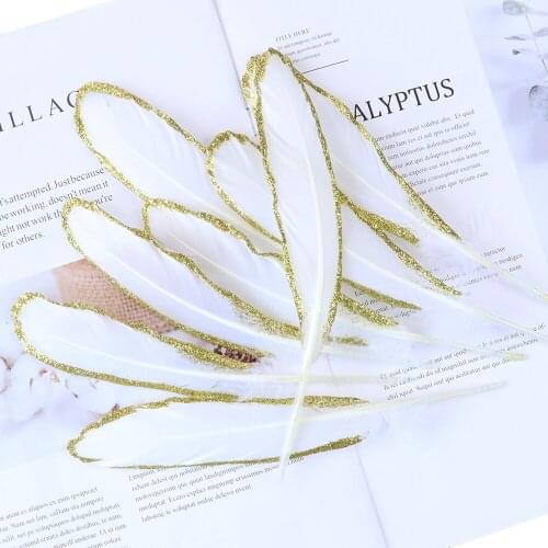 Edge Brushed Gold Natural Goose Feathers For Crafts 6-8 Inch White Goose Feather Wedding Handiwork Decoration Plumas Wholesale