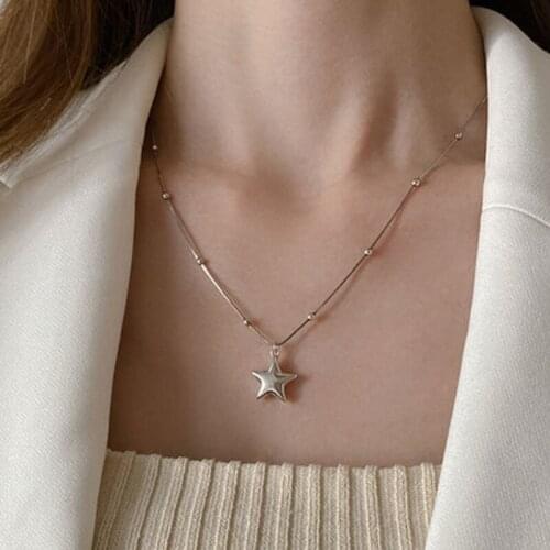VSnow Minimalist Metallic Star Pendant Necklace for Women Delicate Silver Color Round Beaded Chain Necklace Jewelry Accessories