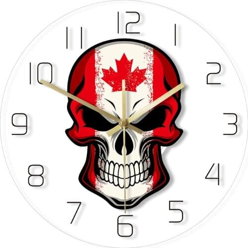 Skull in Canada Flag Wall Art Colorful Printed Wall Clock Canadian Patriotic Skull Home Decor Non Ticking Acrylic Wall Clock