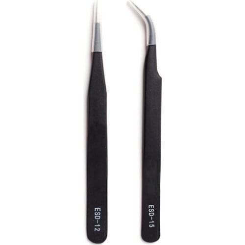 Stainless Steel Tweezers Black Curved Straight 2pcs Tweezers For Sticker Rhinestones Picking Nail NipperTools Anti-static
