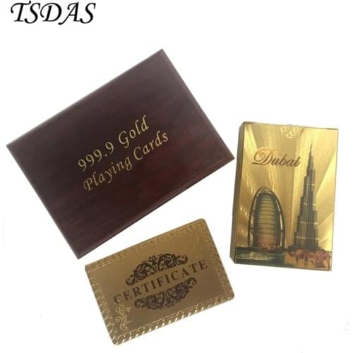 Luxury 24k Gold Playing Cards With Wooden Box Dubai Waterproof Plastic Golden Poker Cards Set Board Games
