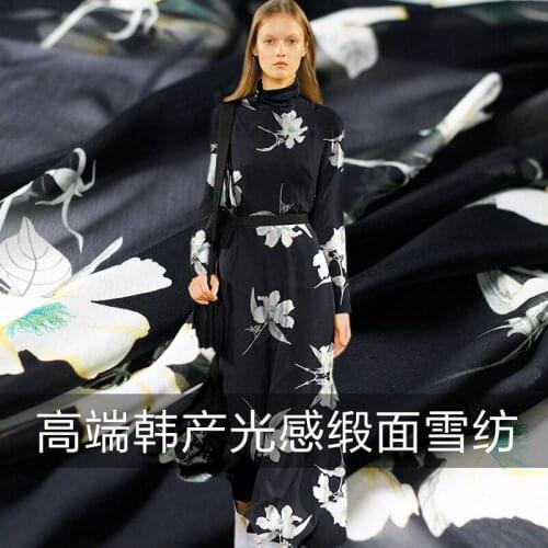 Made in Korea black flowers printed satin chiffon summer dress garment materials DIY clothes fabrics Freeshipping