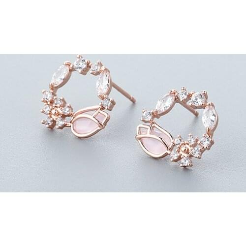 Fashion Rose Gold Round Rhinestone Stud Earrings For Women Sweet Flower Cirlce Crystal Earrings Jewelry Brincos Gift