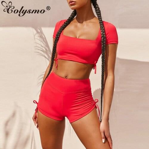 Colysmo Yellow Tracksuit Women 2020 Summer Sexy Back Hollow Out Crop Top Hight Waist Biker Shorts Two Piece Set White Activewear