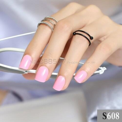 Bright Solid color 24pcs false nails Cute powder candy short round square head simple lovely Fake nail all wrapped S608