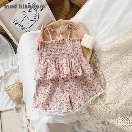 Mudkingdom Girls Sets Summer Floral Tassel Belt Sling Tops Elastic Waist Slant Pocket Shorts Outfits Toddler Casual Set Clothing