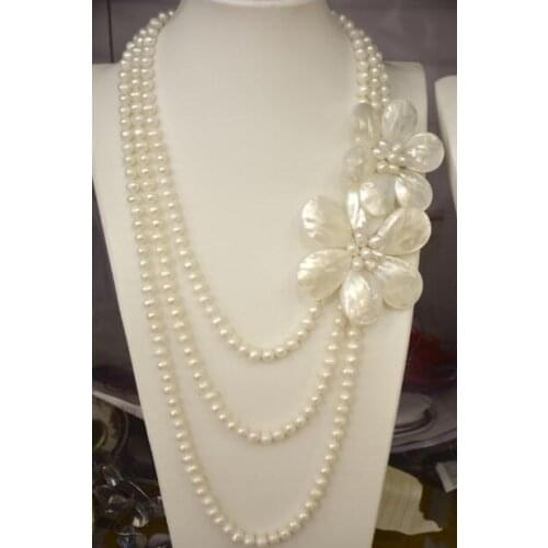 Jewelry Pearl Necklace new arrival Fashion 3 rows Freshwater Pearl Mother of pearl Sea Shell Pearl flower Necklac Free Shipping
