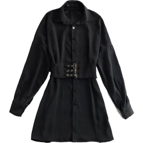 PERHAPS U Women Long Full Sleeve Turn Down Neck High Street Solid Black White Long Shirt Sash B0254