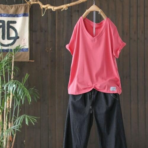 2021 summer new pure cotton V-neck T-shirt women loose casual all-match solid color pleated short-sleeved top