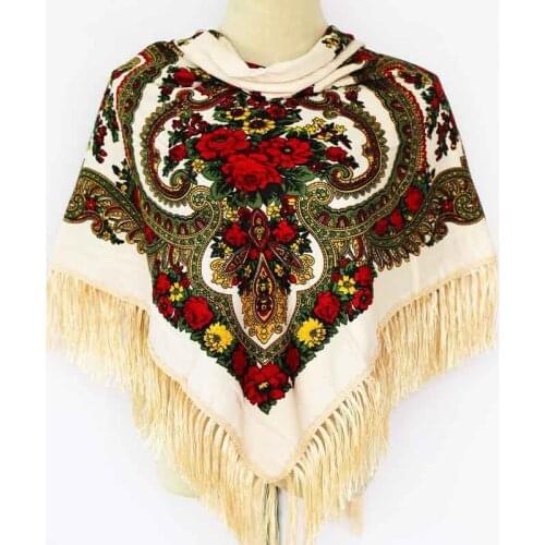 Women Scarf Winter Warm Shawl Female Russian Babushka Hijab Floral Pattern Dupatta Retro Ukrainian Polish Fringed Spain Scarf